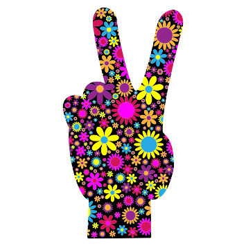silhouette of hand holding up middle and pointer fingers in peace sign; in a colorful floral pattern
